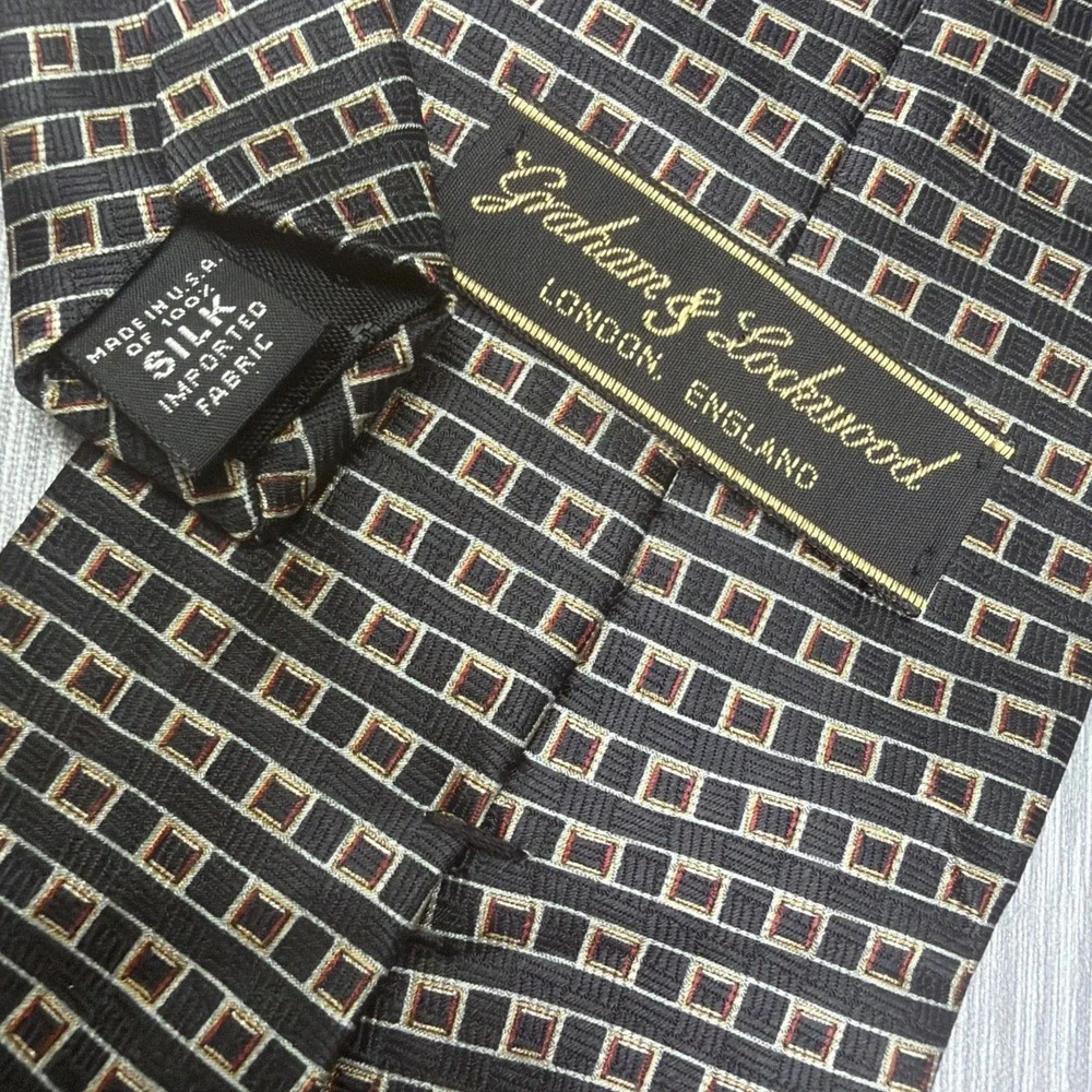 Graham Lockwood Silk Tie Black Gold Geometric Woven Mens Necktie USA‎